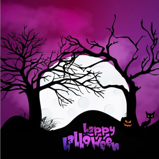 Free Vector halloween pumpkins and dark castle on blue moon background, illustration.