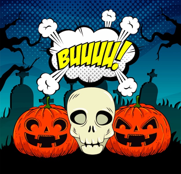 Free vector halloween pumpkins with skull in pop-art style