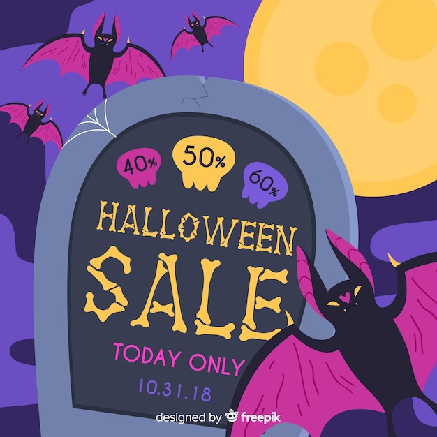 Halloween sale background with bat and tombstone