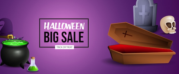 Free vector halloween sale banner design with potion, coffin and grave