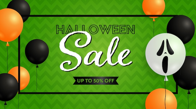 Halloween Sale banner and ghost balloons