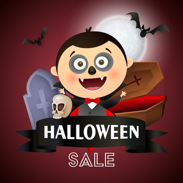 Halloween sale banner with Dracula, coffin, grave and bat 