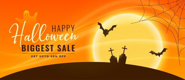 Halloween sale banner with flying bats and graveyard