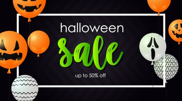 Halloween Sale banner with ghost balloons