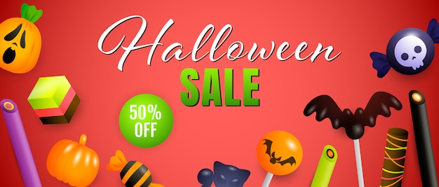 Halloween Sale, fifty percent off lettering with cute sweets