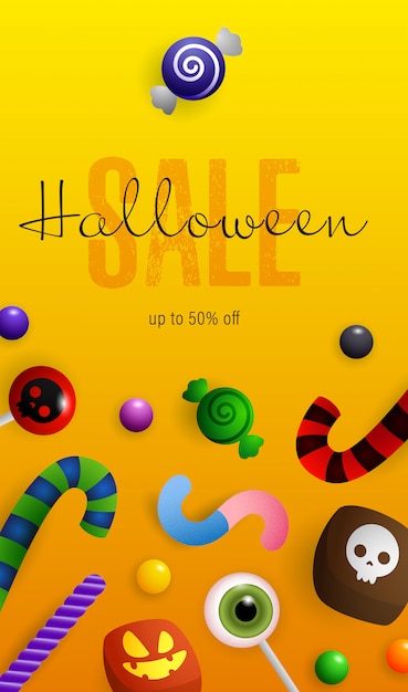 Halloween Sale lettering, pumpkins, bats and potion in cauldron