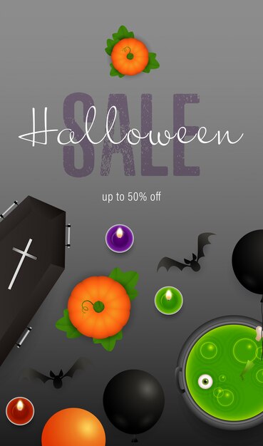 Halloween Sale lettering with coffin and potion in cauldron