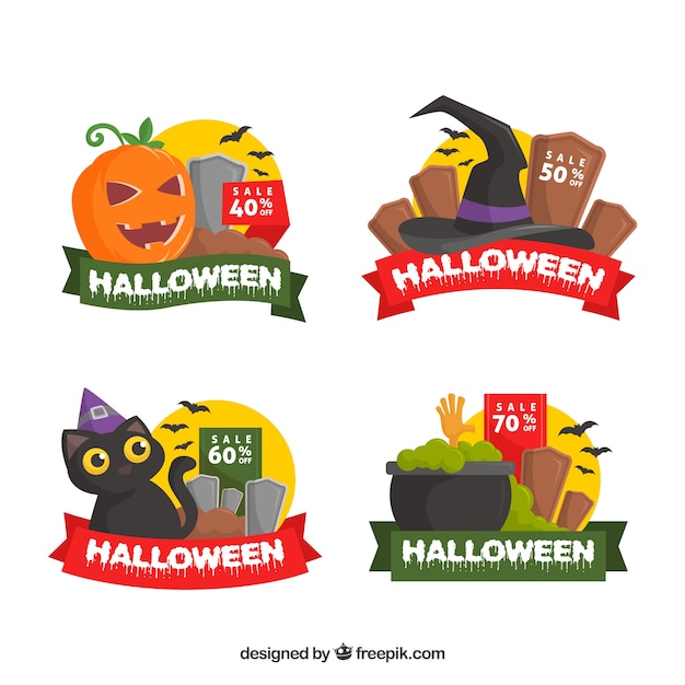 Free vector halloween sale tags with green and red ribbons