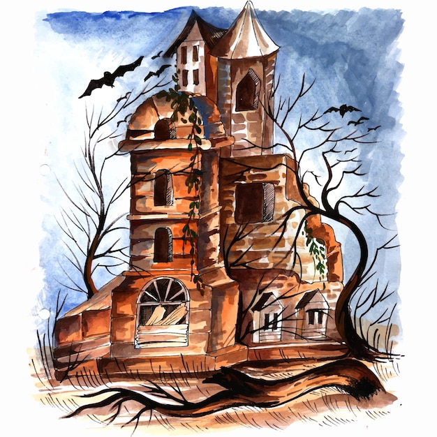 Free Vector halloween spooky house watercolor background