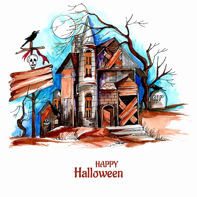 Halloween spooky house watercolor background