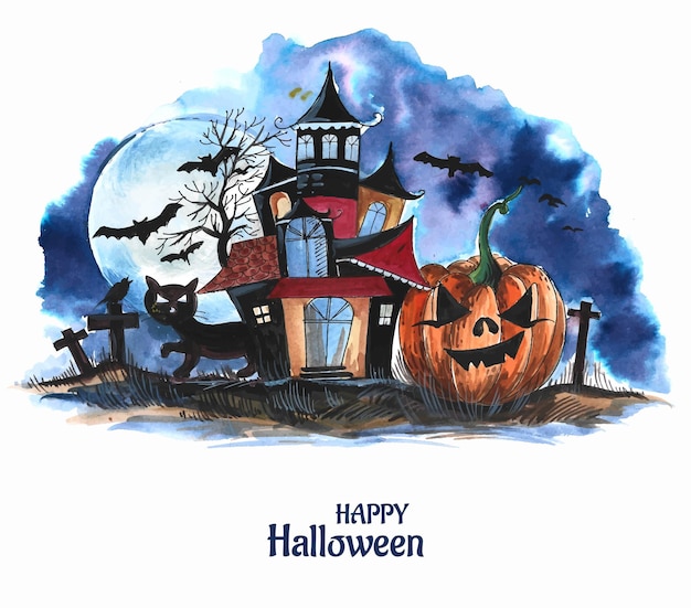 Halloween spooky house watercolor pumpkins background