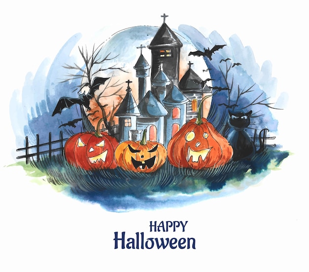 Halloween spooky house watercolor pumpkins background