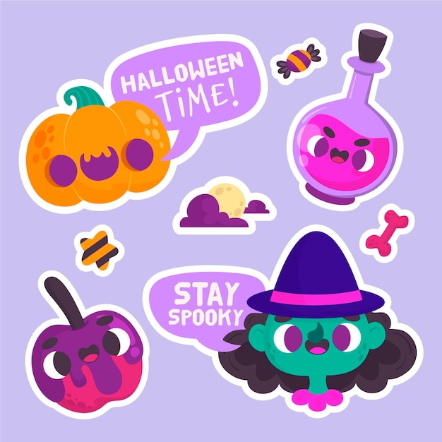 Free vector halloween stickers with pumpkin and witch