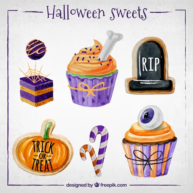 Free Vector halloween sweets painted with watercolors