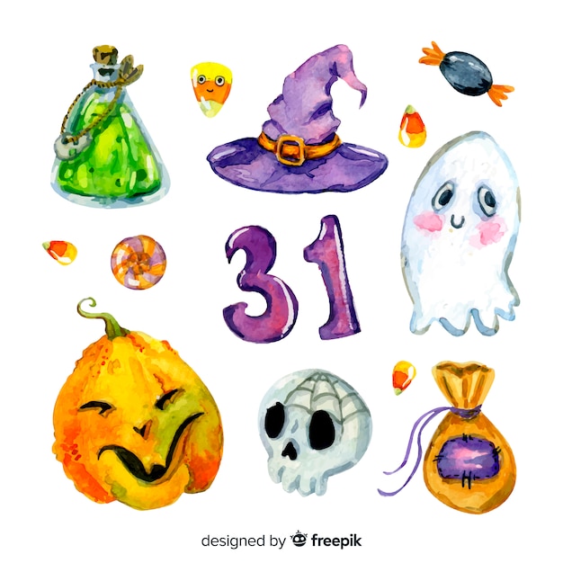 Free Vector halloween watercolor elements collection