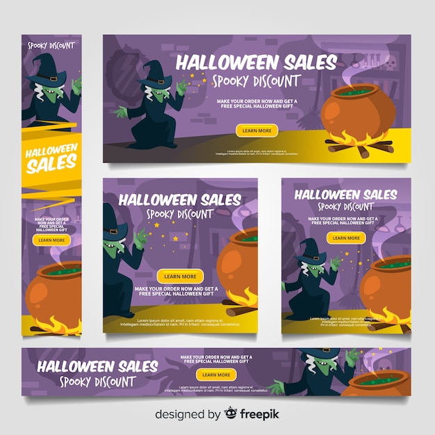 Free vector halloween web banner collection with flat design