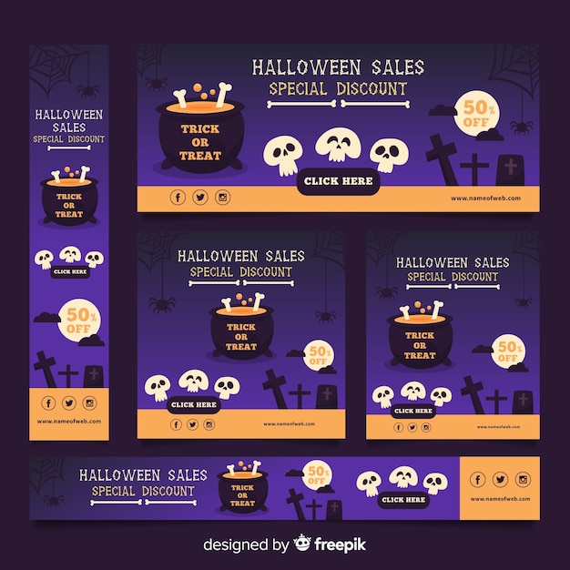 Free vector halloween web banner collection with flat design