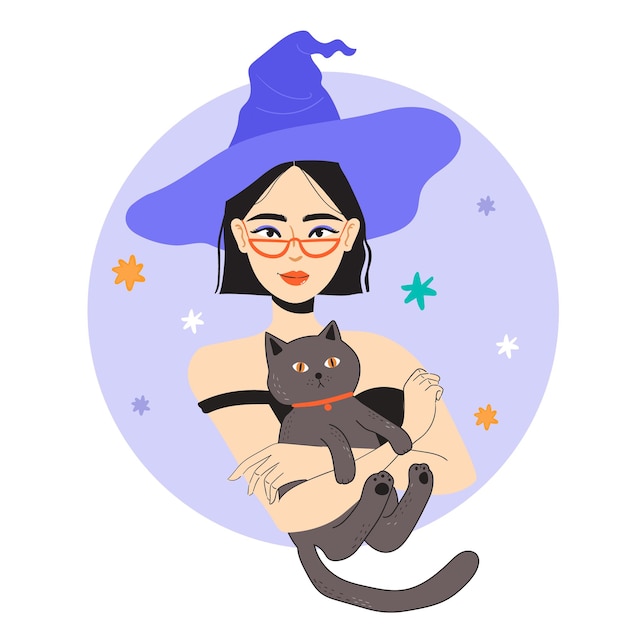 Free Vector halloween witch with grumpy cat