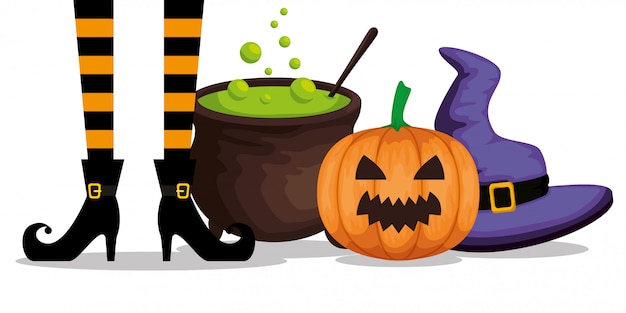 Halloween  with witch feets and cauldron