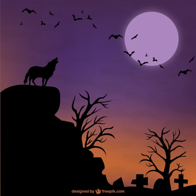 Free Vector halloween wolf and moon background