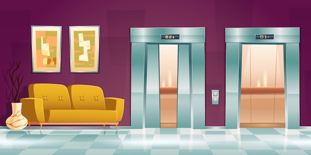 Hallway with lift doors, empty lobby interior with couch, slightly ajar and open elevator gates. Office or hotel with passenger cabins, button panel and floor indicator, Cartoon illustration