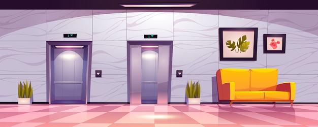 Free Vector hallway with lift doors, empty lobby interior with couch, slightly ajar and open elevator gates.