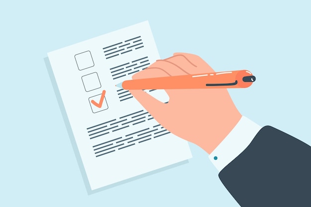 Hand checking box in document flat vector illustration. Man or businessman signing contract, voting in election or filling out ballot with red pen. Form, application, document concept