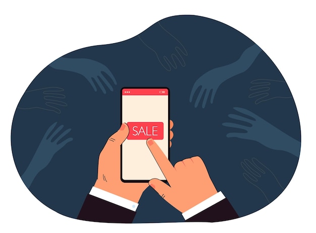 Free Vector hand of customer holding smartphone with sale button on screen. creepy hands on dark background reaching for phone flat vector illustration. online shopping, marketing, sale concept for banner