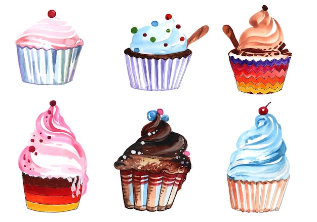 Hand draw birthday cakes set watercolor design