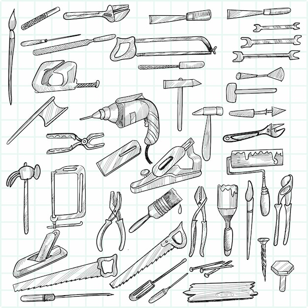 Hand draw construction tools sketch set