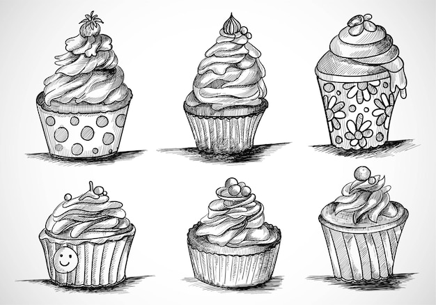 Hand draw decorative cup cakes set sketch design