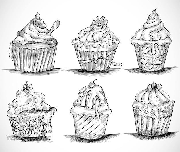 Free Vector hand draw decorative cup cakes set sketch design