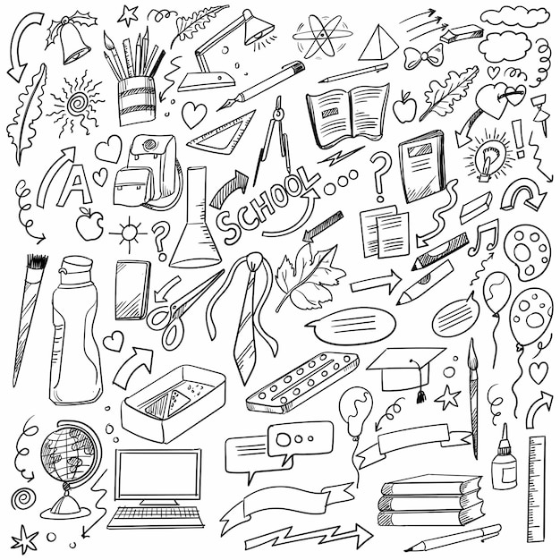 Hand draw doodle school and work set design