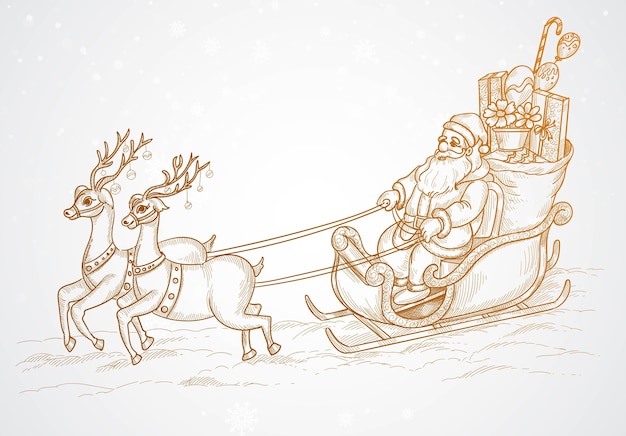 Hand draw flying santa and christmas reindeer sketch