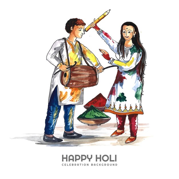 Hand draw fun characters celebrate colorful holi card background