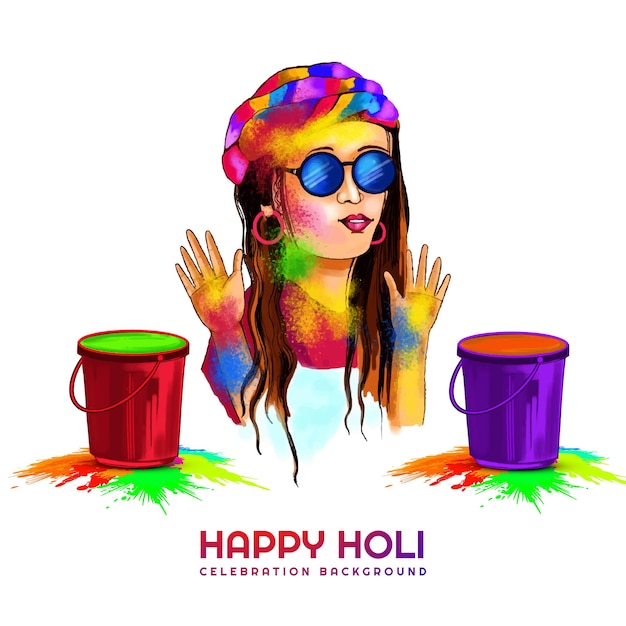 Free Vector hand draw fun women character celebrate colorful holi card background