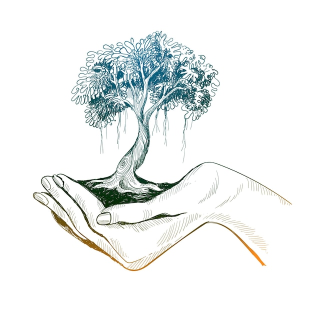 Hand draw girls holding tree earth sketch design