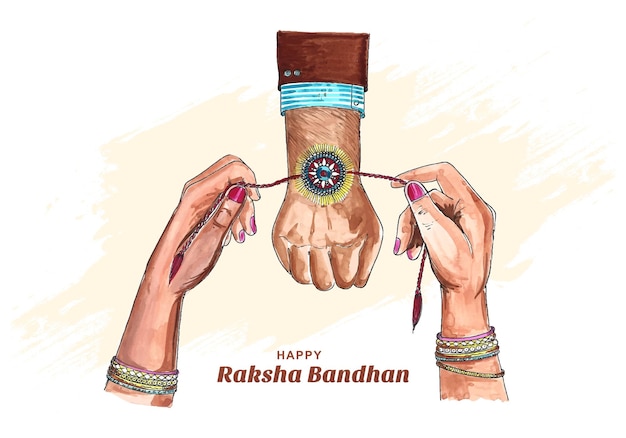 Hand draw happy raksha bandhan sister tying rakhi to brother card background