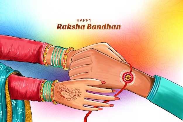 Free vector hand draw happy raksha bandhan sister tying rakhi to brother card colorful background