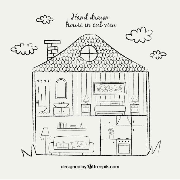 Hand draw house in cut view