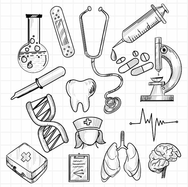 Hand draw medical icon sketch set design