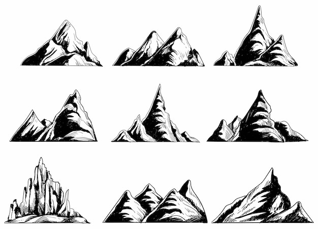 Free Vector hand draw monochrome mountains set sketch design