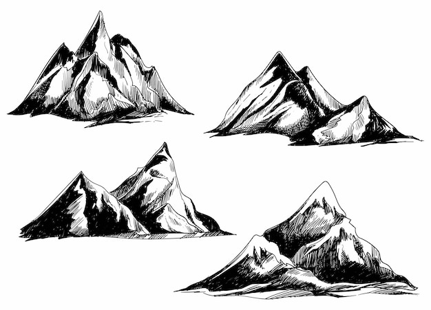 Free Vector hand draw monochrome mountains set sketch design