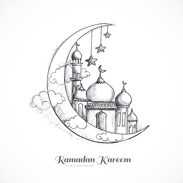 Hand draw moon sketch ramadan kareem card design