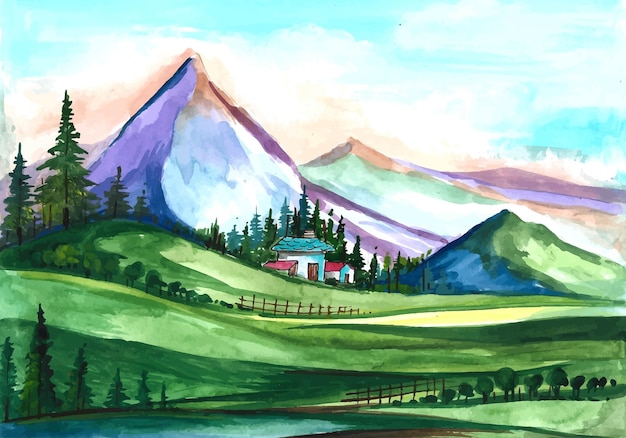 Free Vector hand draw mountain landscape scene watercolor background