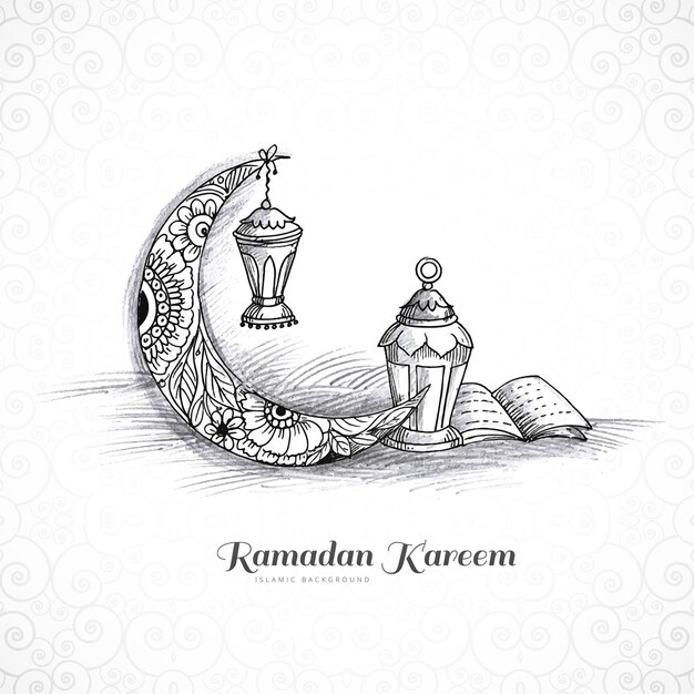 Hand draw ramadan kareem islamic lamp and moon sketch card design