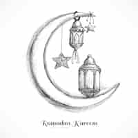 Free vector hand draw ramadan kareem islamic lamp and moon sketch card design