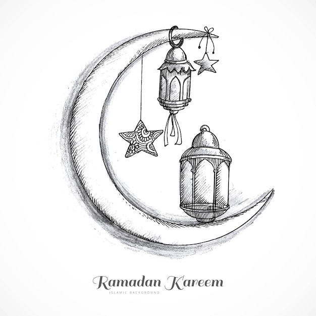 Free Vector hand draw ramadan kareem islamic lamp and moon sketch card design