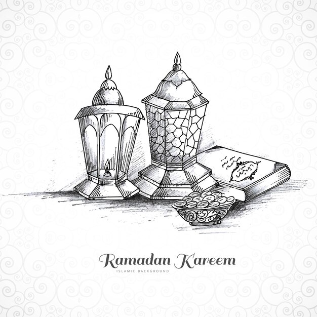 Hand draw ramadan kareem islamic lamp sketch background