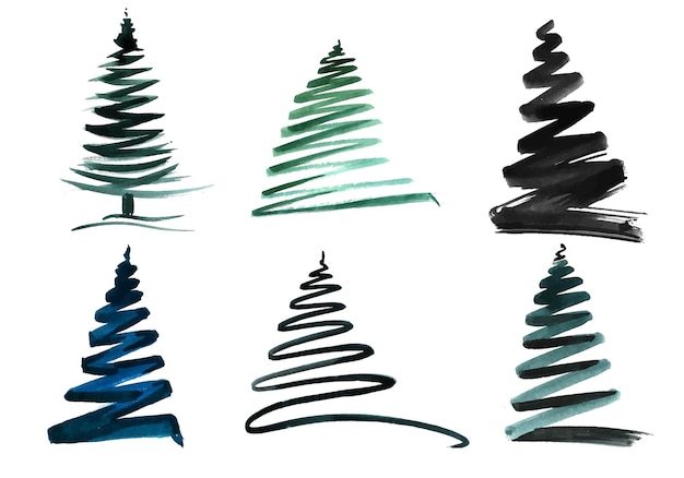 Hand draw sketch christmas line tree set design